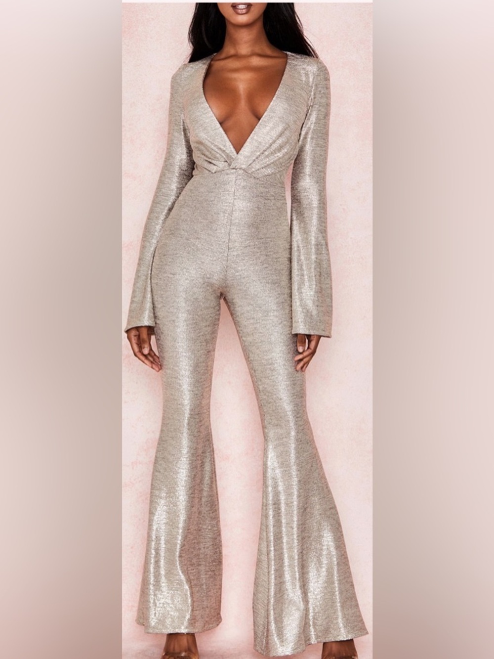 House of CB Catrin Gold Lame’ Plunge Neck Jumpsuit Large Plus